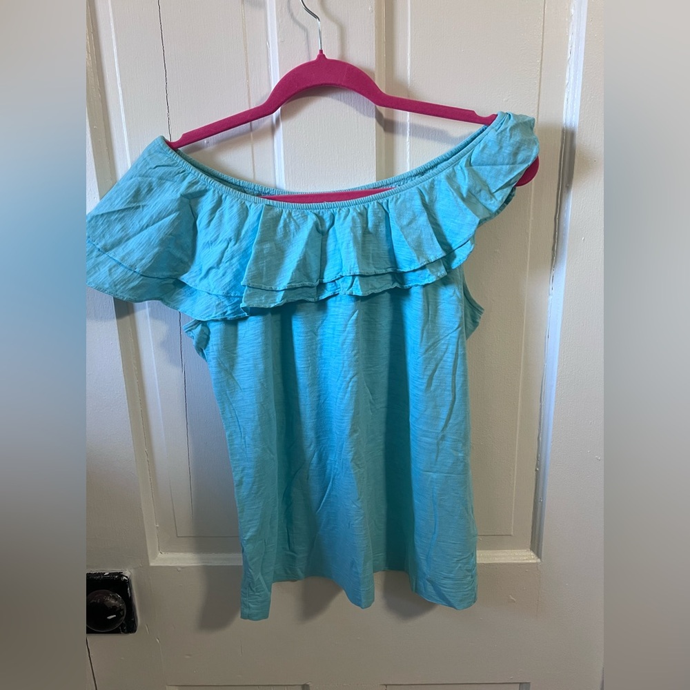 Lilly Pulitzer size large Off-Shoulder Ruffle Top in Aqua blue